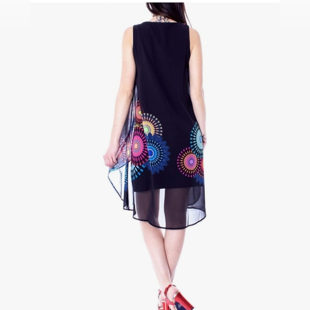Desigual Black High-Low Dress with Multicolor Sunburst Print - Picture 2 of 10